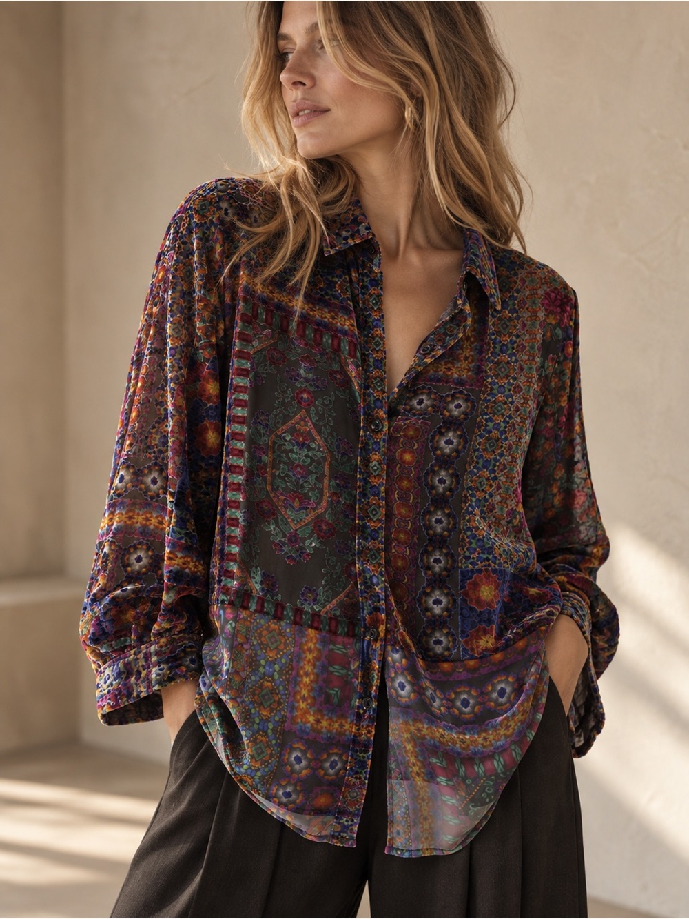 Johnny Was Silk Blend Velvet Burnout Patchwork Tunic